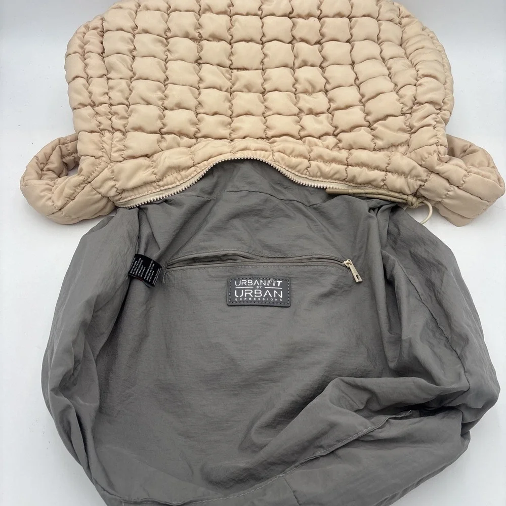 Urban Expressions Leda Quilted Square Nylon‎ Puffer Hobo Bag Purse Natural